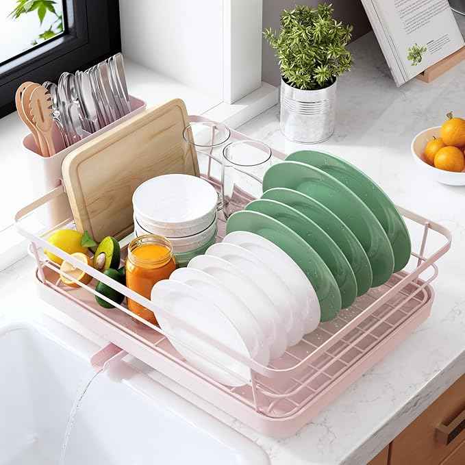Kitsure Dish Drying Rack for Kitchen Counter, Stainless Steel Sink Organization and Storage Essentials with Cutlery Holder, Home and Appartment Decor, 12''W x 15.5''L, Pink