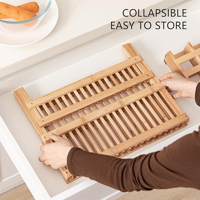 HBlife Bamboo Folding 2-Tier Collapsible Drainer Dish Drying Rack with Utensils Flatware Holder and 2pcs Dish Plate Bowl Cup Book Pot Lid Cutting Board Drying Rack Stand