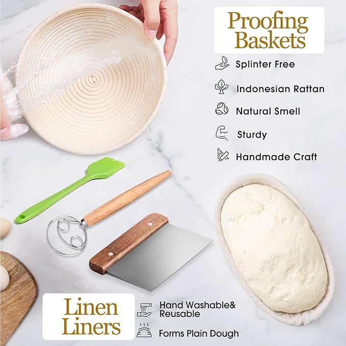 Dimpola Banneton Bread Proofing Basket Banneton Basket Set Sourdough Proofing Basket Round Proofing Bowls Handmade Rattan Baskets and Liners (Oval & Round Baking Set)