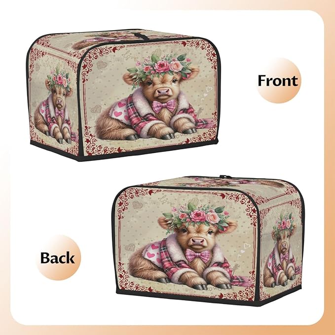 Valentine Day Highland Cow Toaster Cover 2 Slice Dust and Fingerprint Protection Toaster Bread Maker Covers Washable Kitchen Small Appliance Covers for Kitchen Accessories Decor Bakeware Women Gift
