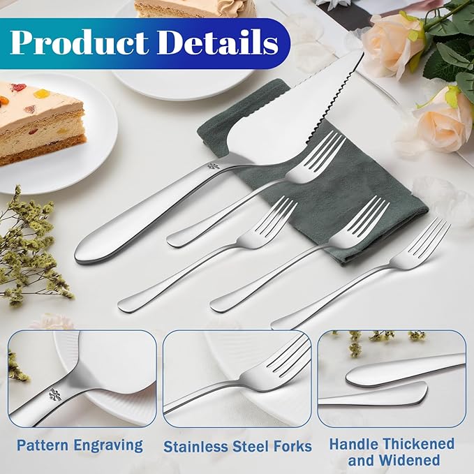 Eisinly 1 Pcs Cake Pie Server and 4 Forks Set for Wedding, Elegant Pizza Slicer Server Set with Stainless Steel Big Serrated Edges, Cake Cutter Pie Spatula for Birthday Anniversary, Silver