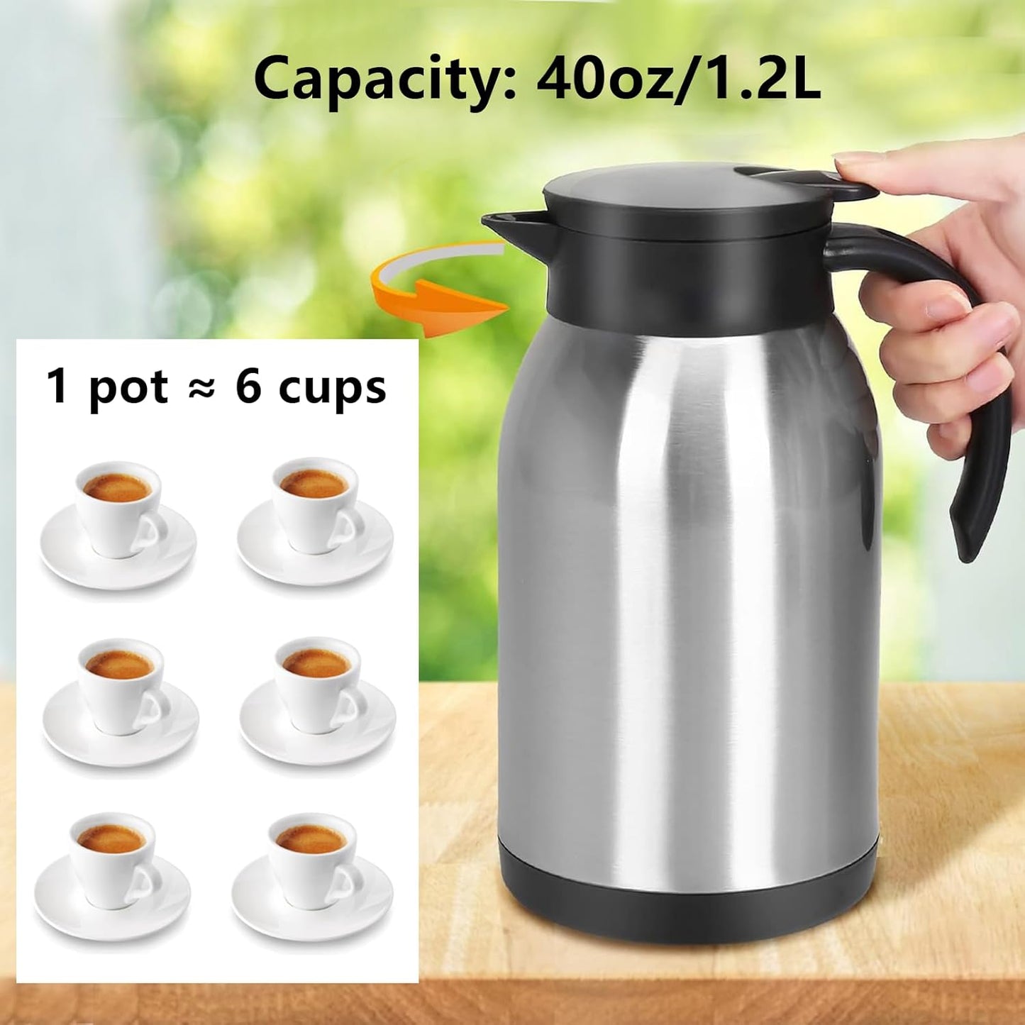 Stainless Steel Thermal Coffee Carafe Dispenser, 40oz Unbreakable Double Wall Vacuum Flask 1.2L Water Tea Pot Beverage Pitcher for Hot Coffee for Christmas Carafe(Silver)