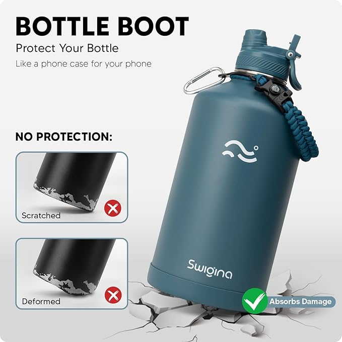 Swigina [2-IN-1 LID] Gallon Insulated Water Bottle with Silicone Boot (48hrs Cold/24hrs Hot) - DIY Stickers, Leakproof, BPA Free, 128 oz