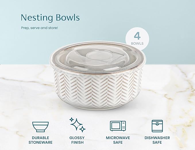 KooK Serving Bowls, with Lids, Ceramic Nesting Bowls, Set of 4, Embossed, Kitchen, Prep, Stackable, Gift, Microwave and Dishwasher Safe, 10/16/29/47 oz, Narbonne Collection (Ivory)