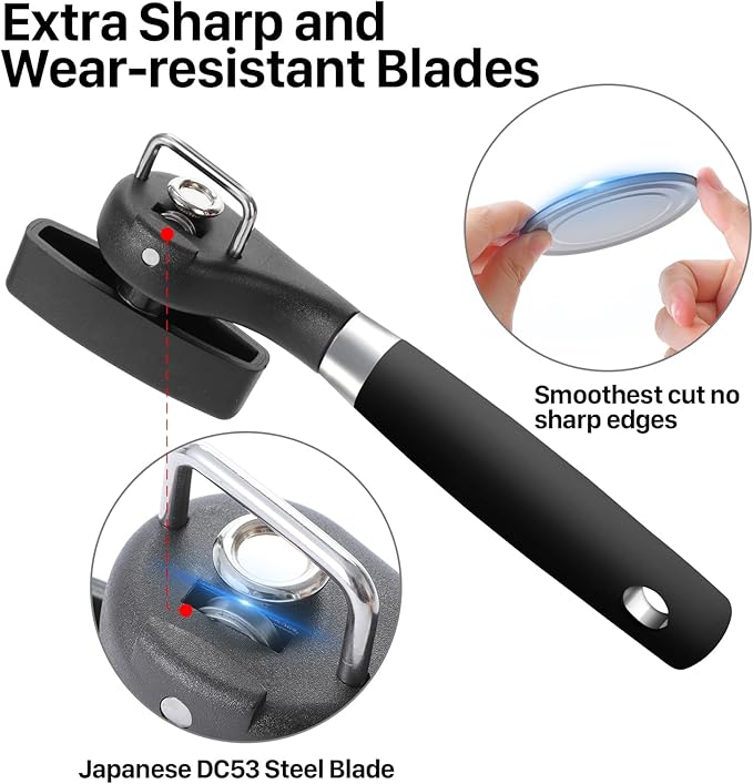Can Opener, Safe Side Cut Manual Can Opener with Durable Sharp Blade, Smooth Edge Cutting, Effortless Big Knob, Comfortable Grip Handle, Black