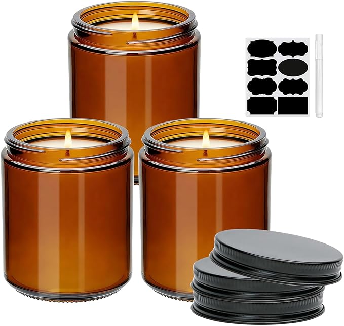 8oz Amber Candle Jars Set of 3,Round Glass Jar with Black Lids,Empty 250ml Glass Candle Making Jar Bulk Thick Small Food Storage Jars for Spice,Candy,Powder