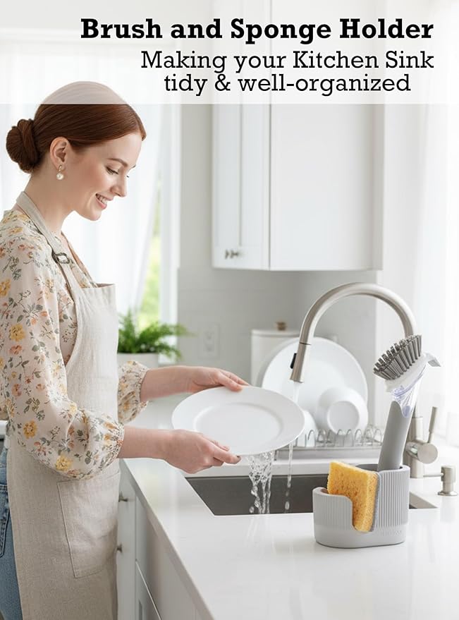 2-in-1 Diatomite Sponge Holder for Kitchen Sink, Quick-Drying Sponge and Dish Brush Holder, Absorbent Stone Sink Caddy Organizer, Light-Gray