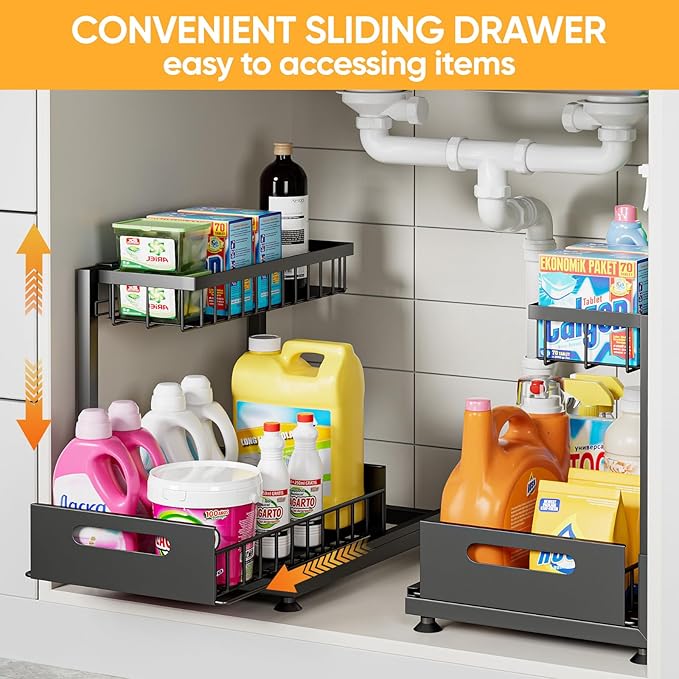 Saydear Under Sink Organizer Storage 2-Tier Premium Metal Pull-Out Kitchen Cabinet Organizer with Sliding Drawer, Height Adjustable, Heavy Duty for Kitchen & Bathroom Organizers 2 Pack Black
