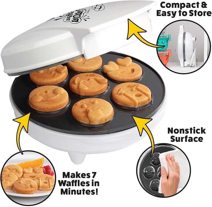 Mini Emojis Waffle Maker for Mother's Day Breakfast- Make 7 Unique Smiley Face Waffles Pancakes for Kids- Electric Non-Stick Iron Feat Kiss Face Heart Eyes & Smile w Recipe Guide- Licensed by Emoji