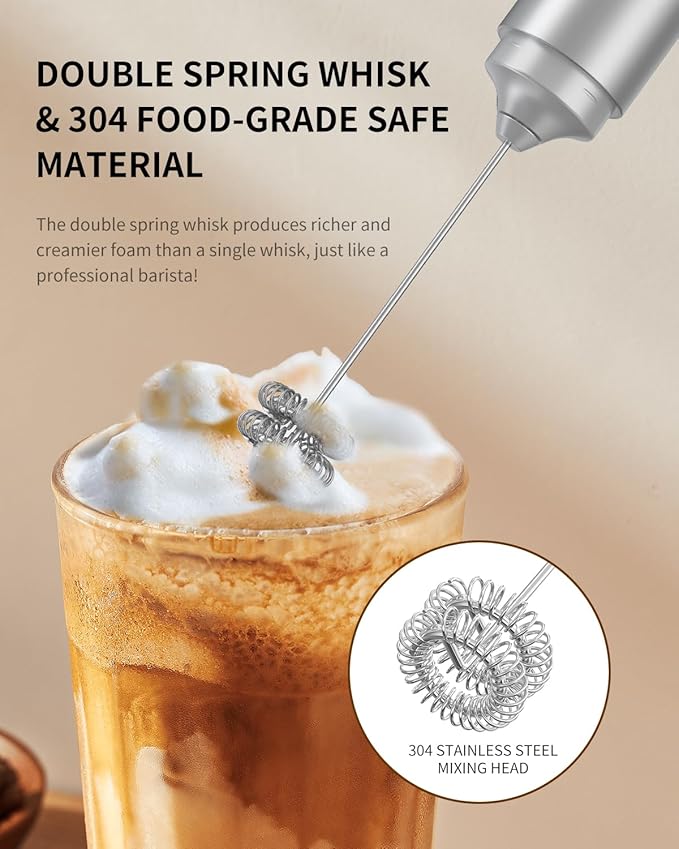 CIRCLE JOY Rechargeable Milk Frother Hanheld, Dual Coil Whisk Head Electric Coffee Frother, Portable Hand Frother Wand Drink Mixer for Matcha Lattes Cappuccino, Kitchen Gifts, Silver