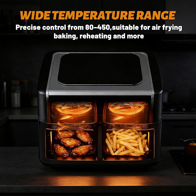 2 Baskets Air Fryer 9.5 QT, 10 in 1 Dual Air Fryers with Ceramic Crisper Plate, 80-450°F Wide Temp, Smart Cooking Mode with Match & Sync Cook, Shake Reminder, Roast, Defrost, Bake, Black
