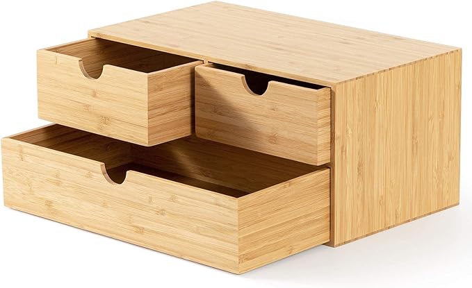 Wisuce Bamboo Desk Drawer Organizer, Desktop Organizer with Drawers Tabletop Storage Organization Box for Office Home Toiletries Supplies Vanity, No Assembly Required(3 Drawers-up down)