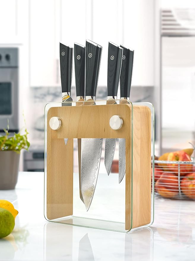 Mercer Culinary Premium Grade Super Steel 6-Piece Knife Set with Glass/Wood Block Stand, G10 Handles