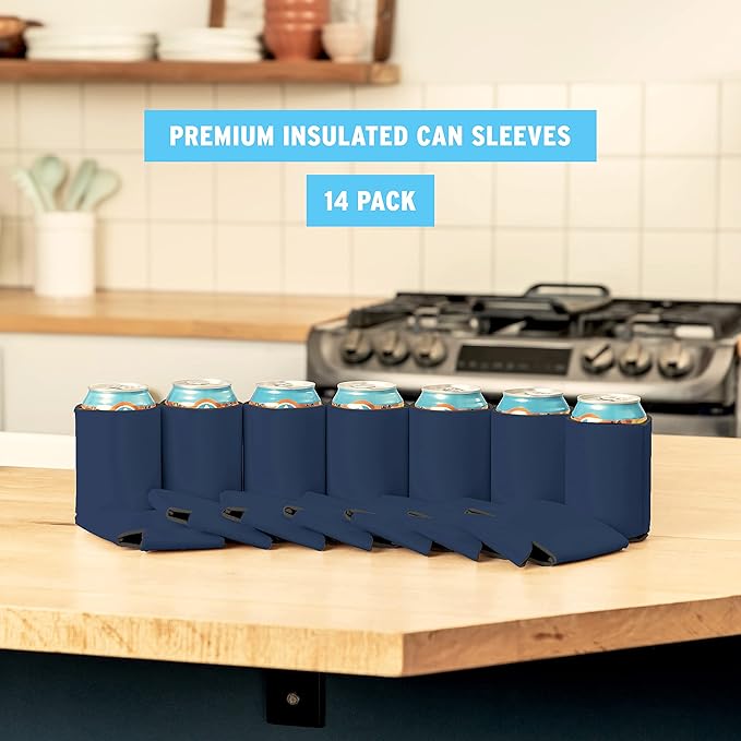 Blank Beer Can Coolers Sleeves (14-Pack) Soft Insulated Beer Can Cooler Sleeves - HTV Friendly Plain Can Sleeves for Soda Beer Cans & Bottles - Blanks for Vinyl Projects & Wedding Favors (Navy Blue)