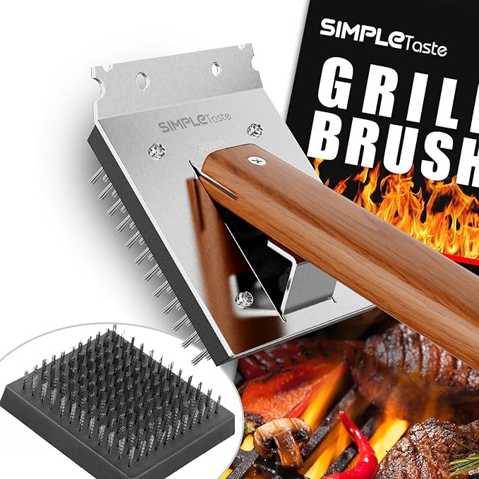 SIMPLETASTE Grill Brush and Scraper, Cherry Wooden Handle Wire Grill Brush for Grill Grate Cleaner Plus Stainless Steel Bristles Head for Replacement, Durable & Effective BBQ Tool [Upgraded]