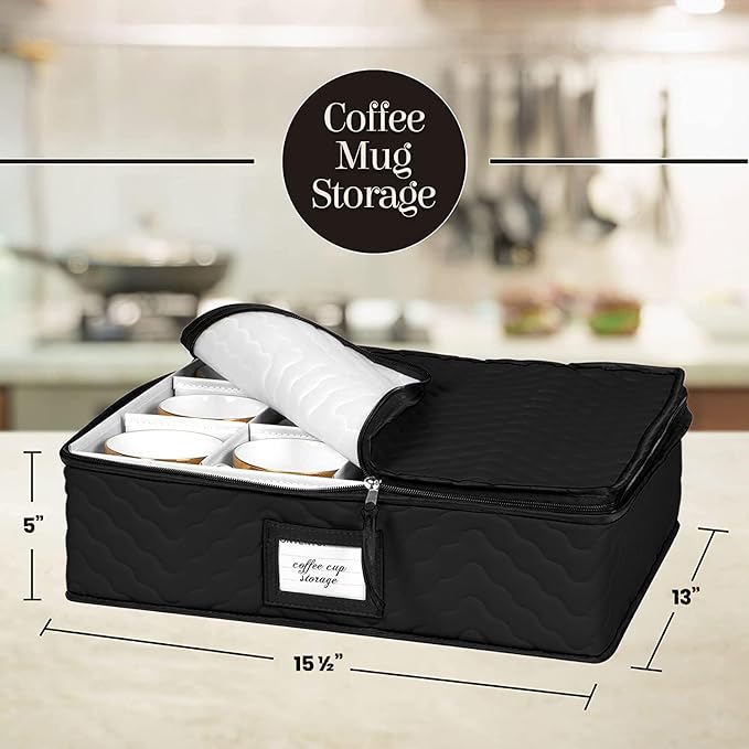 China Storage Containers 5-Piece Set Moving Boxes for Dinnerware, Glasses, Plates, Mugs and Saucers Sturdy Quilted Microfiber Dish Organizer with Dividers for Seasonal Storage - Holds Set of 12, Black