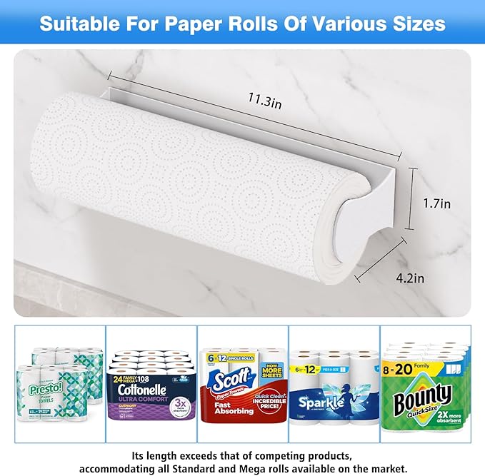 Paper Towel Holder Under Cabinet, White, Adhesive & Wall Mount, Under Counter Paper Towel Rack for Kitchen and Bathroom, Home and Kitchen Decor