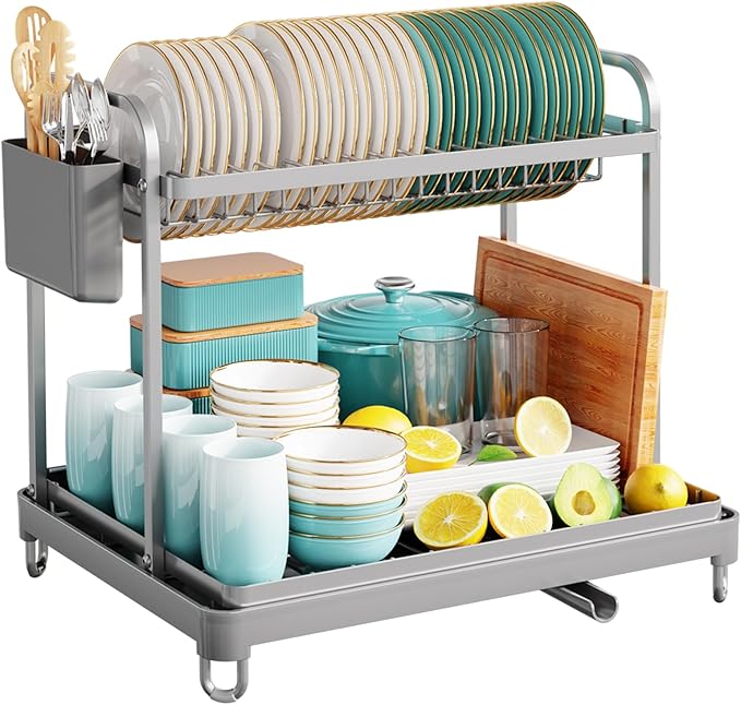 Sakugi 2-Tier Dish Drying Rack - Stainless Steel Dish Rack with Cutlery & Utensil Holders for Kitchen Counter, Sink Organization and Storage for Small Family, 16.7" W x 12.7" L x 15.8" H, Gray