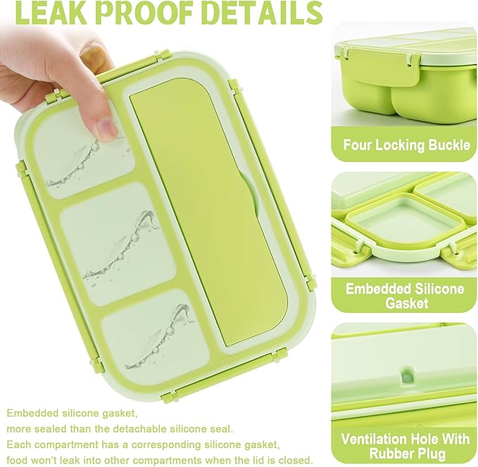 shell and turtle Bento Box Adult Lunch Box, Lunch Containers for Kids Girls Boys with 4 Compartments, Lunchable Food Container with Utensils, Sauce Jar, Muffin Liners, 40 Oz/5 Cup, Bright Green