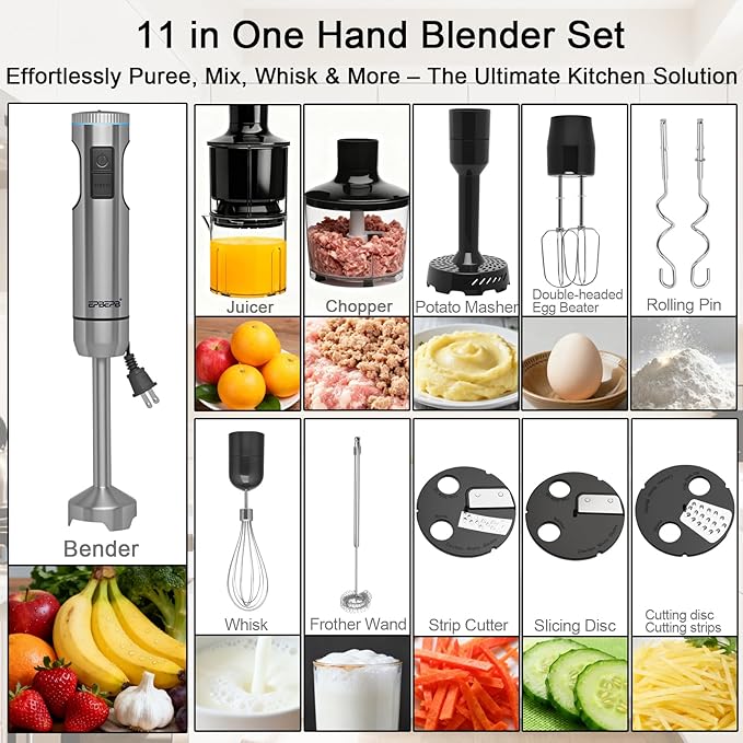 Handheld Immersion Blender Bundle, 1000W Powerful 12-in-1 Set for Smoothies,Orange Juicer,Minced meat,Milk frother,Egg Beater, Dough Hook, Vegetable Chopper, Potato Masher