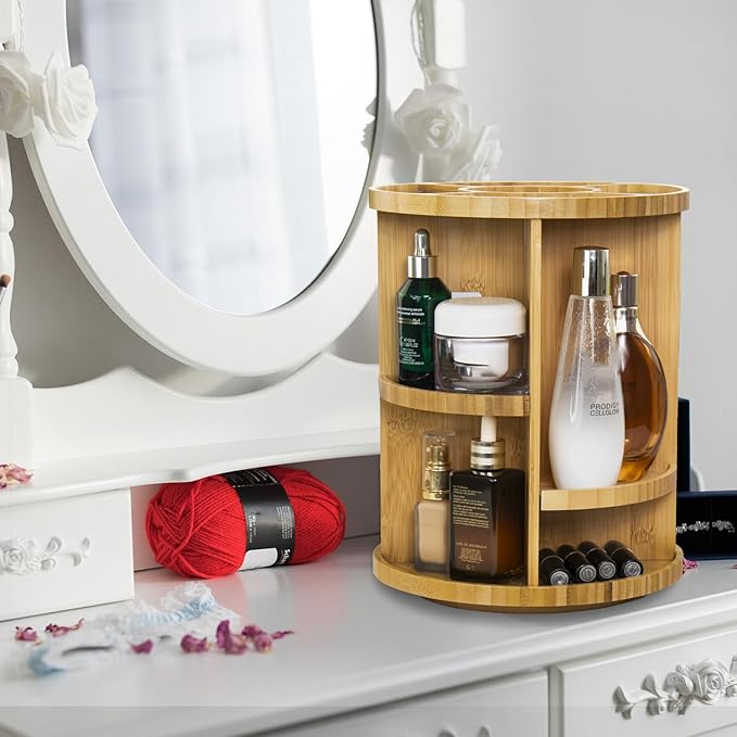 VVW Rotating Bamboo Makeup Organizer,360 Degree Spinning Adjustable Bamboo Vanity Makeup Holder Rack,Large Capacity Cosmetics Storage Display Box,Fits Makeup,Skincare,Cologne (Beige1)