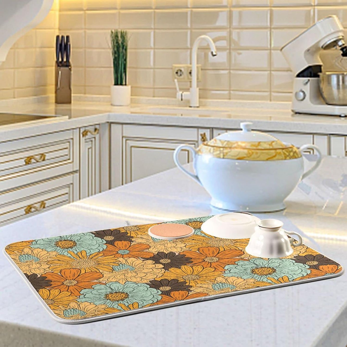 senya Super Absorbent Dish Drying Mat, Microfiber Fast-Drying Dish Mat, 24'' x 18'', Kitchen Dish Drying Pad, Retro Flower Daisy, (g289343300p523c558s1114)