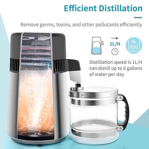 Bonnlo 1.1 Gallon/4L Water Distiller Stainless Steel with Glass Container, 750W Distilled Water Machine Maker Water Distillers for Home Countertop, 1L/H (Silver)