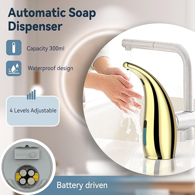 Automatic Soap Dispenser with Infrared Sensor - Adjustable 4-Level Touchless Hand Soap for Kitchen, Bathroom - Battery Operated Electric Dispenser, Durable Plastic, Smart Soap Holder (Gold)
