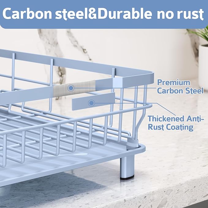 Dish Drying Rack - Space Saving Dish Rack - Dish Racks for Kitchen Counter with Drainboard,Rustproof Dish Drainer with Removable Utensil Holder,Blue