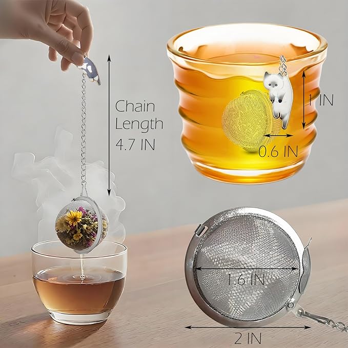 Cat Tea Infuser Set 2PCS, Loose Leaf Tea Strainers with Cute Alloy Charm, Stainless Steel Mesh Steeper for Flower Fruits Spices Herbal Tea and Cold Brew