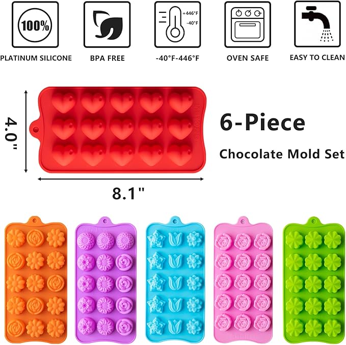 6 Pack Flower Shape Chocolate Candy Molds Silicone, Food-Grade Non-Stick Jelly & Baking Molds, Crayon Molds, BPA-Free, Including Heart, Rose, Tulip, Daisy, Sunflower, and Other Flowers (Multicolor)