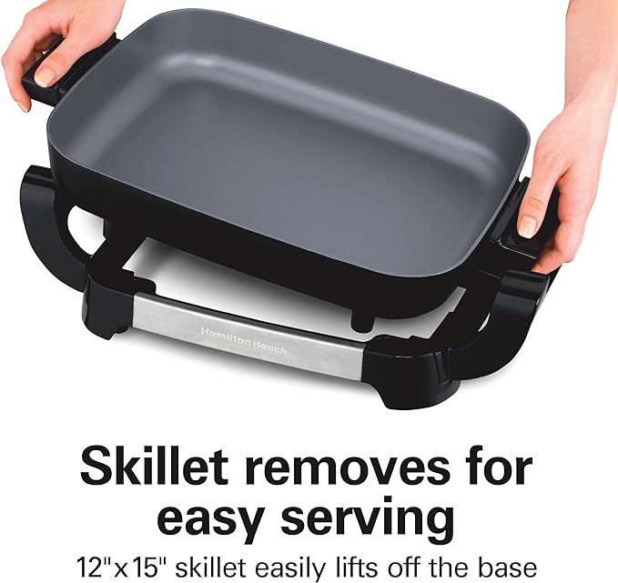 Hamilton Beach Electric Skillet with PFAS-Free Durathon Ceramic Coating, Removable 12x15” Pan, Adjustable Temperature, Reversible Design, Tempered Glass Lid, Black Nonstick Surface (38531)