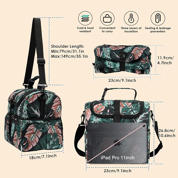 PBRO Double Deck Insulated Lunch Bag for Women,Large Reusable Lunch Box with Adjustable Shoulder Belt,Side Pockets,Cute Tropic Leaves Leakproof Lunch Tote Cooler Bag for Adult Picnic,Working -Green