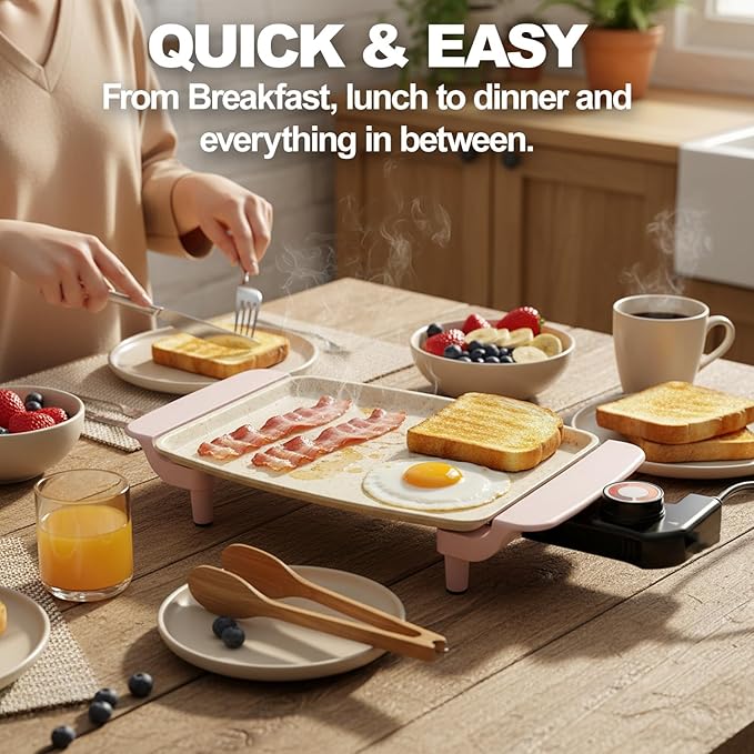 Small Electric Griddle, 10 Inch Mini Ceramic Non-Stick Electric Skillet with Adjustable Thermostat, 1200W Single Serve Grill for Breakfast, Cooking for Pancakes, Eggs, Sausage, Pink