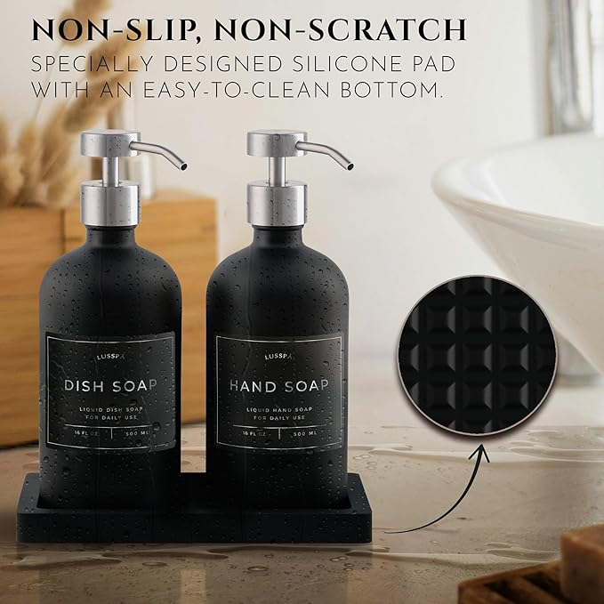 Glass Soap Dispenser Set of 2 (Black) with Silicone Tray | Hand and Dish Soap Dispenser for Kitchen and Bathroom | 16.8 Oz Glass Bottles with Stainless Steel Pump & 15 Waterproof Labels (Black/Silver)