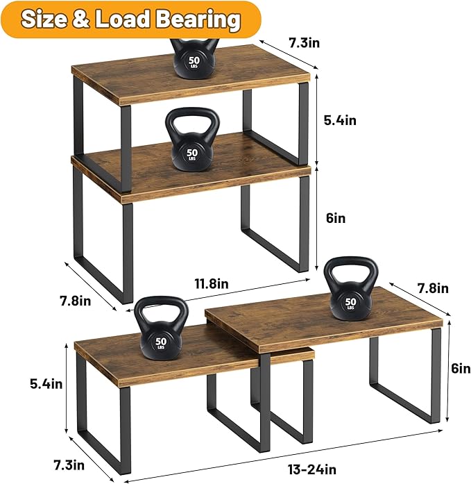 Kitchen Cabinet Organizer Shelf Set of 4, Sturdy Kitchen Counter Shelves with Metal Legs, Stackable Expandable Wood Spice Rack Pantry Cupboard Dish Mug Cup Storage Organizer Shelf, Rustic Brown