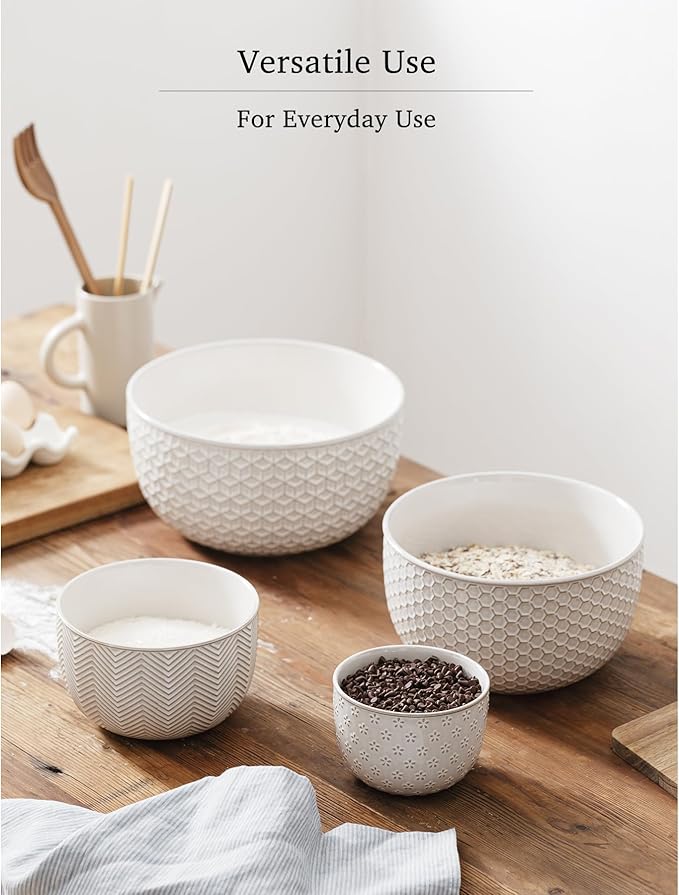 Ceramic Mixing Bowls, Embossed Nesting Bowls Set of 4, Mixing Bowl Set for Serving, Baking, Cooking and Gift, Microwave and Dishwasher Safe, 20/47/99/148 oz, Off-White
