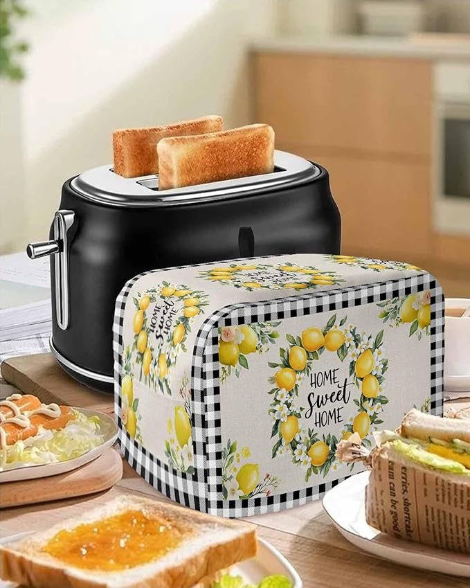 Summer Lemon Toaster Cover 2 Slice, Farmhouse Black Check Dustproof Bakeware Oven Protector with Top Hook, Plaid Vintage Waterproof Small Kitchen Appliance Toasters Dust Cover, 11"x6"x8"