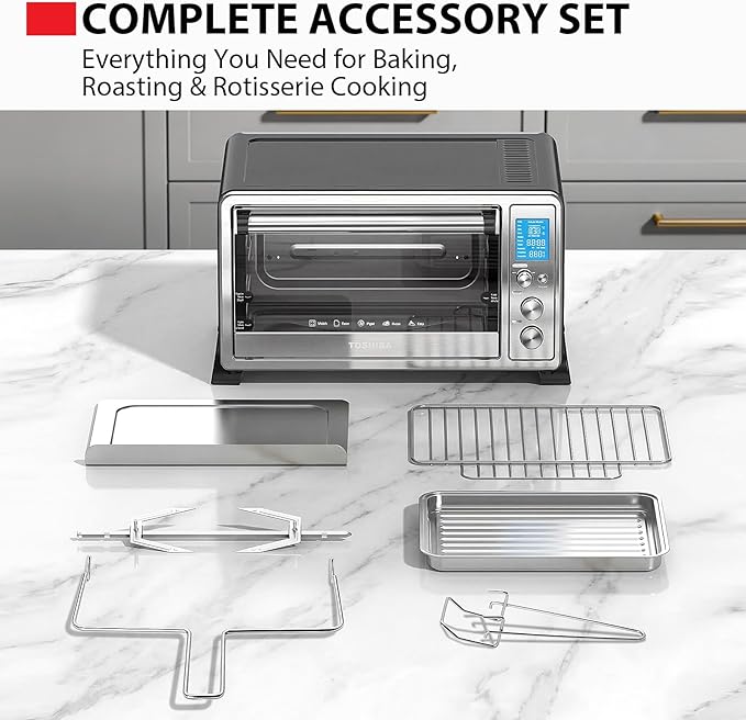 TOSHIBA 10-in-1 Convection Toaster Oven, 6-Slice Countertop Oven, 1500W with Toast, Bake, Broil, Rotisserie & Pizza Functions, LCD Knob Controls, 6 Accessories, Stainless Steel