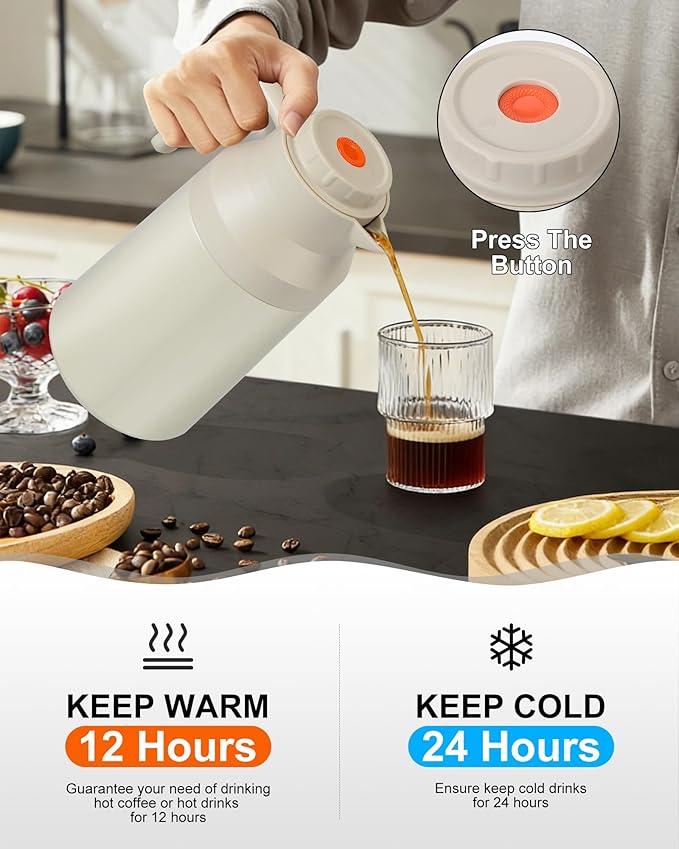2 PCS Thermal Coffee Carafe Insulated Stainless Steel Coffee Carafe for Hot Liquid Vacuum Thermal Pot Creamer Pitcher Dispenser Keeping Hot Water Milk(White/Wthite 68 oz)