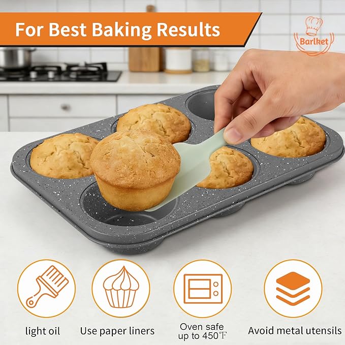 2 Pack Jumbo Muffin Pan, 6 Cup Large Cupcake Pan with Speckled Granite Coating and Paper Liners, Professional Nonstick Carbon Steel Muffin Tin for Baking Muffins Frittatas Cupcakes, Grey