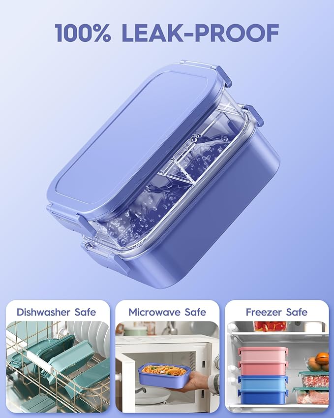 KEMETHY Adults Bento Lunch Box Set with Thermo Bag, 74oz Stackable Leak-proof 3-tiers Bento Box, Built-in Utensil and Sauce Container for Work, School, Dining Out (Purple)