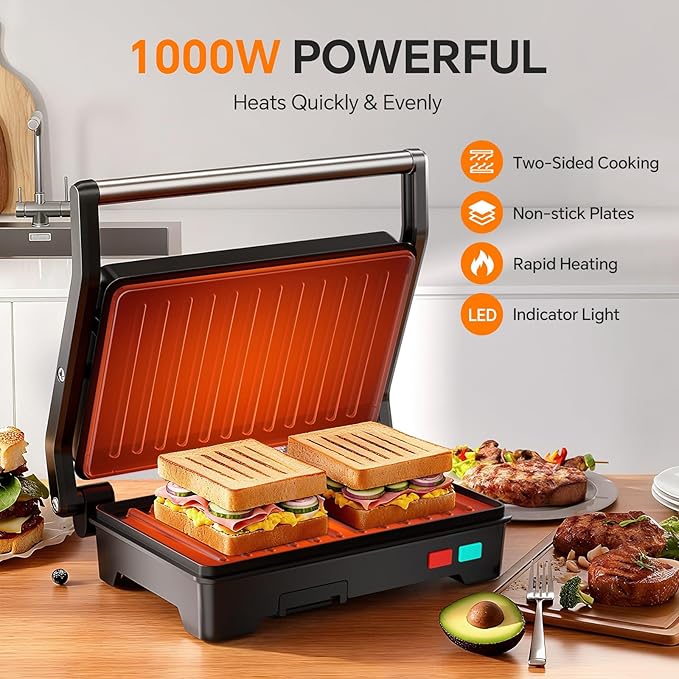 Panini Press Grill, 1000W Sandwich Maker with Non-Stick Coated Plates, Opens 180 Degrees for Any Size of Food, 3-in-1 Sandwich Press Electric Grill, Stainless Steel Surface and Removable Drip Tray