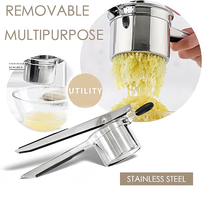 Potato Ricer Stainless Steel with 3 Interchangeable Discs, Heavy Duty Potato Masher & Squeezer, Hand Ricer for Mashed Potatoes and Food Press, Easy to Clean Kitchen Gadgets