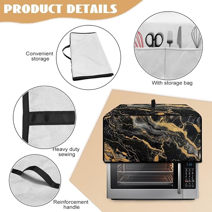 Air Fryer Toaster Oven Dust Cover Dustproof Modern Design Convection Oven Cover with Side Pockets for Small Kitchen Appliances, M, 16.5 x 20.5 x 10 inches, Black Gold Marble