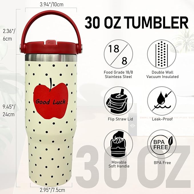 30 oz Tumbler with Handle and Straw, Vacuum Insulated Tumblers with Flip Straw and Top Handle, Leakproof Tumbler, Stainless Steel Travel Mug for Coffee Water, Cold for 20 Hours(Red Apple)