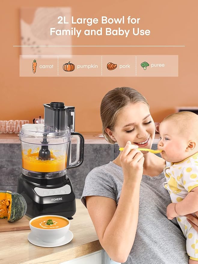 FOHERE Food Processor, 12 Cup, 2-in-1 Feed Chute Food Chopper & Meat Grinder, 500 Watt Motor, BPA Free, Stainless Steel, Procesador de Alimentos for Mincing, Dicing, Shredding, Puree & Kneading Dough