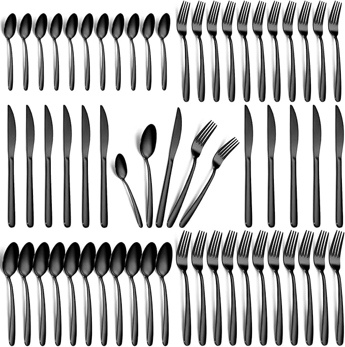 Hunnycook 60-Piece Black Silverware Set - Stainless Steel Silverware Set for 12, Includes Forks Spoons and Knives, Utensil Sets for Home Kitchen Restaurant, Dishwasher Safe