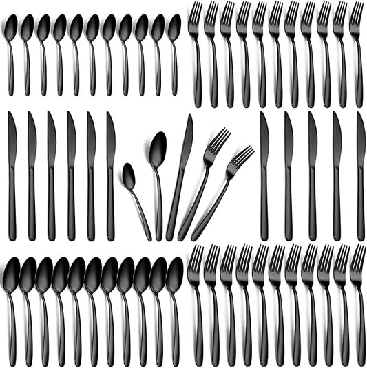 Hunnycook 60-Piece Black Silverware Set - Stainless Steel Silverware Set for 12, Includes Forks Spoons and Knives, Utensil Sets for Home Kitchen Restaurant, Dishwasher Safe