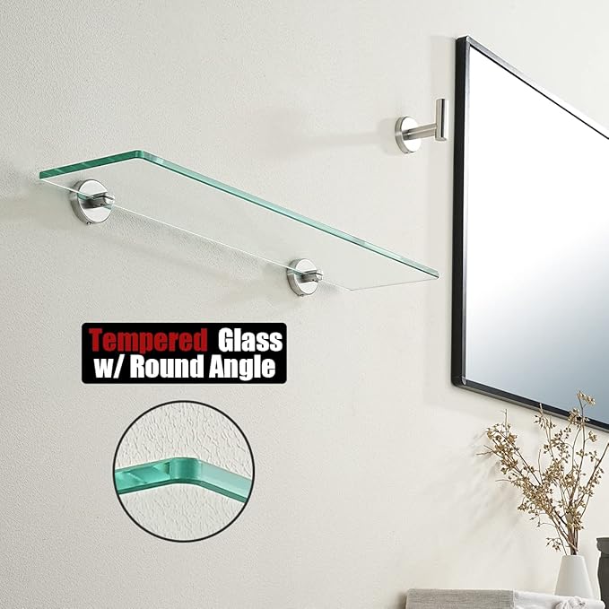 JQK Bathroom Glass Shelf, Tempered Glass Shower Storage 24 by 5 inches, 304 Stainless Steel Brushed Finish Wall Mount, TGS101L24-BN
